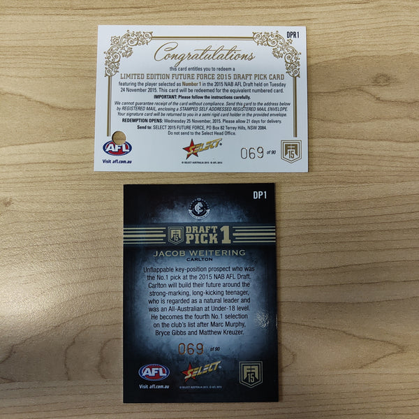 2015 Select Future Force Draft Pick Redemption Jacob Weitering Carlton No.069/90