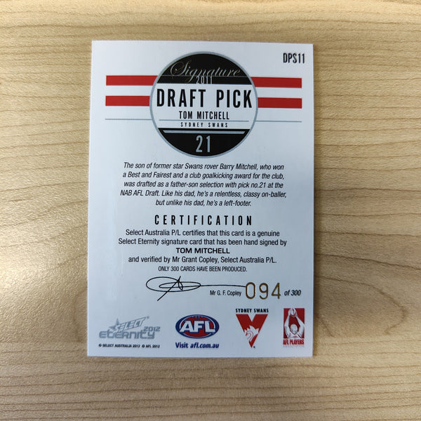 2012 Select Eternity Draft Pick Signature Tom Mitchell Sydney No.094/300