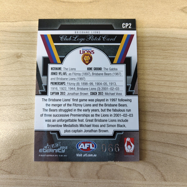 2012 Select Eternity Club Logo Patch Card Jonathan Brown Brisbane No.066