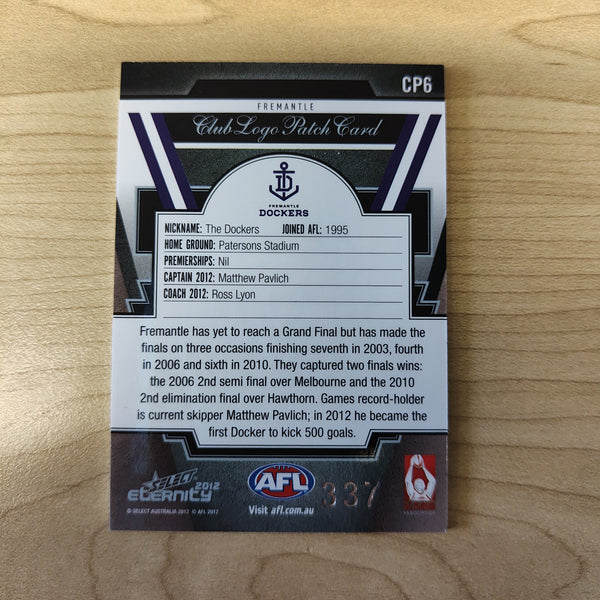 2012 Select Eternity Club Logo Patch Card Matthew Pavlich Fremantle No.337