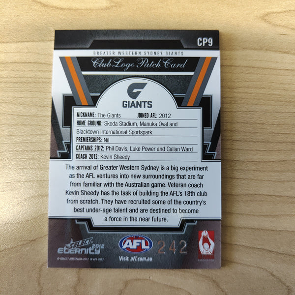 2012 Select Eternity Club Logo Patch Card Phil Davis Luke Power Callan Ward GWS No.242