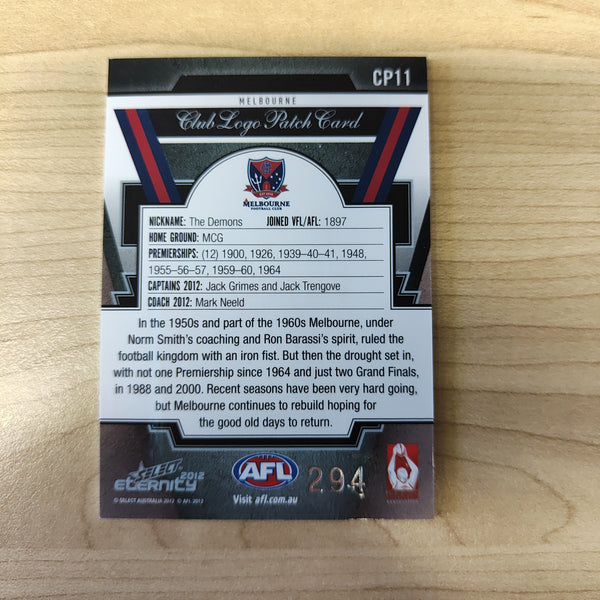2012 Select Eternity Club Logo Patch Card Jack Grimes Jack Trengove Melbourne No.294