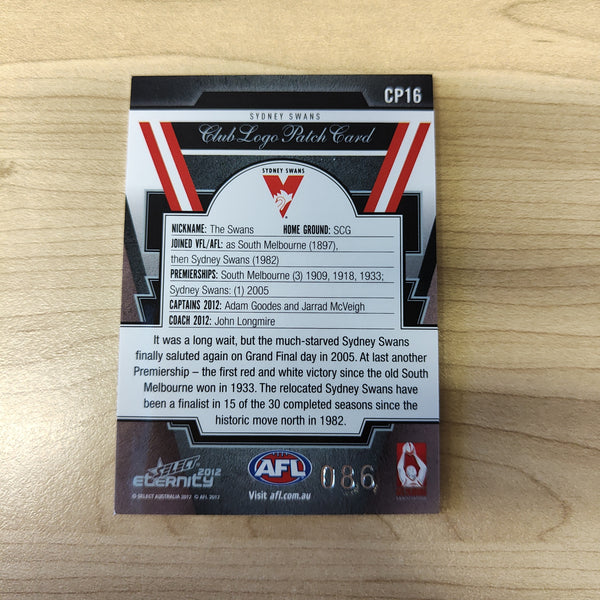 2012 Select Eternity Club Logo Patch Card Adam Goodes Jarrad McVeigh Sydney No.086