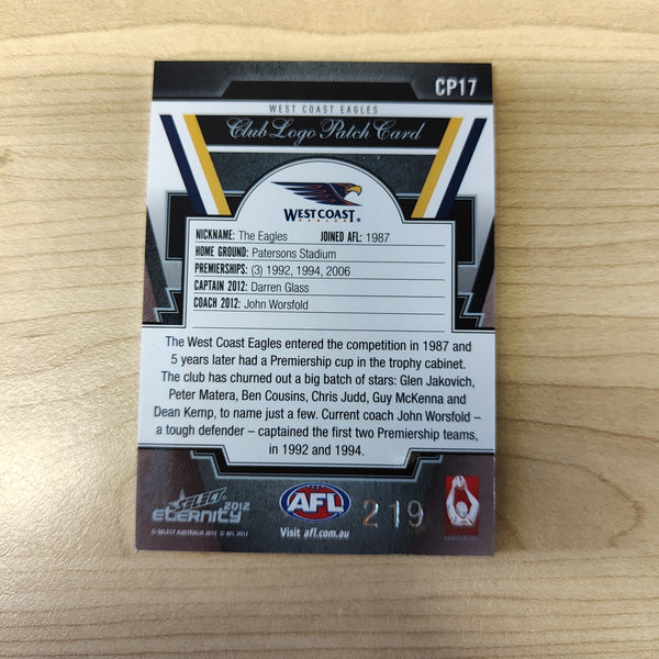 2012 Select Eternity Club Logo Patch Card Darren Glass West Coast No.219