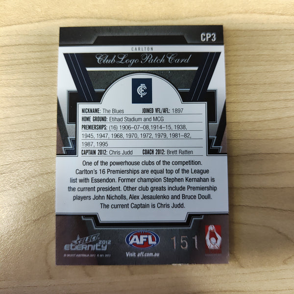 2012 Select Eternity Club Logo Patch Card Chris Judd Carlton No.151