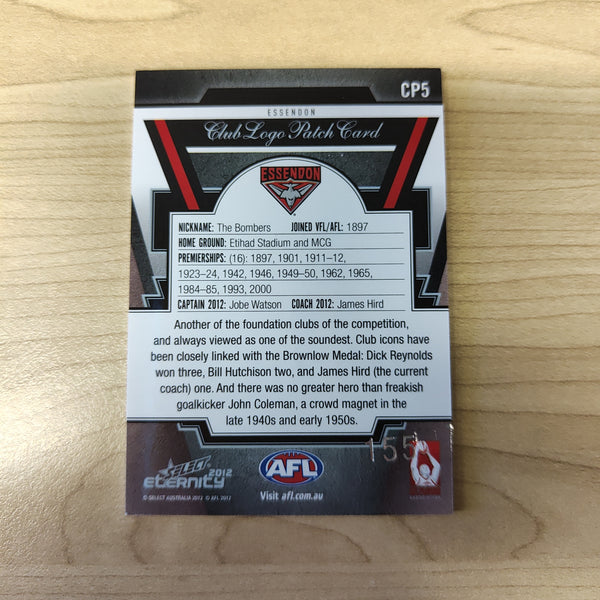 2012 Select Eternity Club Logo Patch Card Jobe Watson Essendon No.155