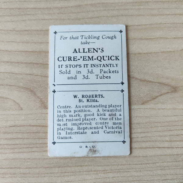 VFL 1934 Football Pennant. W Roberts, St Kilda. Allen's Trading Card
