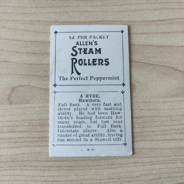 VFL 1934 Football Pennant A. Hyde, Hawthorn. Allen's Trading Card