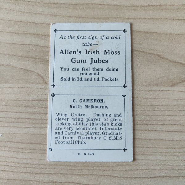 VFL 1934 Football Pennant. C. Cameron, North Melbourne. Allen's Trading Card