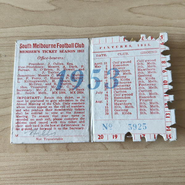 VFL 1953 South Melbourne Football Club Membership Season Ticket No. 3925