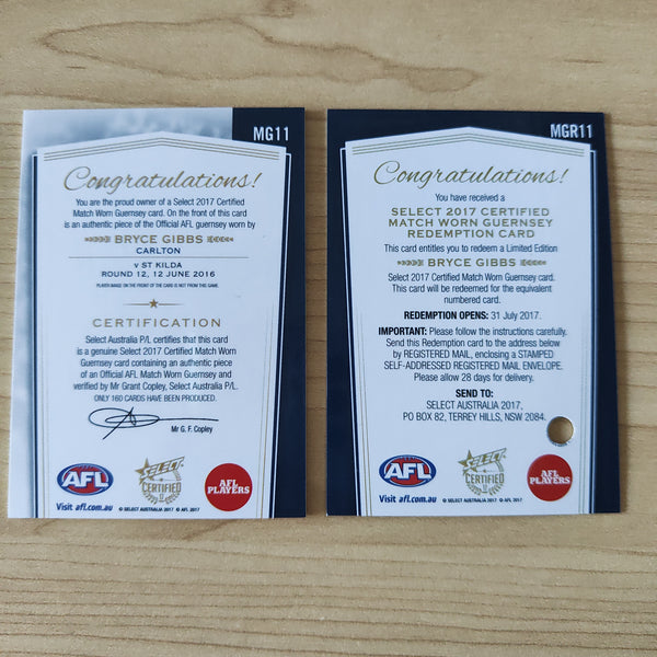 2017 Select Certified Match Worn Guernsey Bryce Gibbs Carlton No.154/160