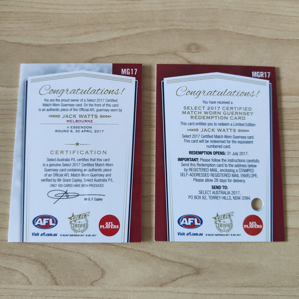 2017 Select Certified Match Worn Guernsey Jack Watts Melbourne No.080/160