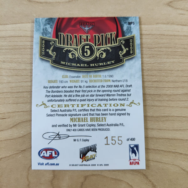 2009 Select Pinnacle Draft Pick Signature Michael Hurley Essendon No. 155/400
