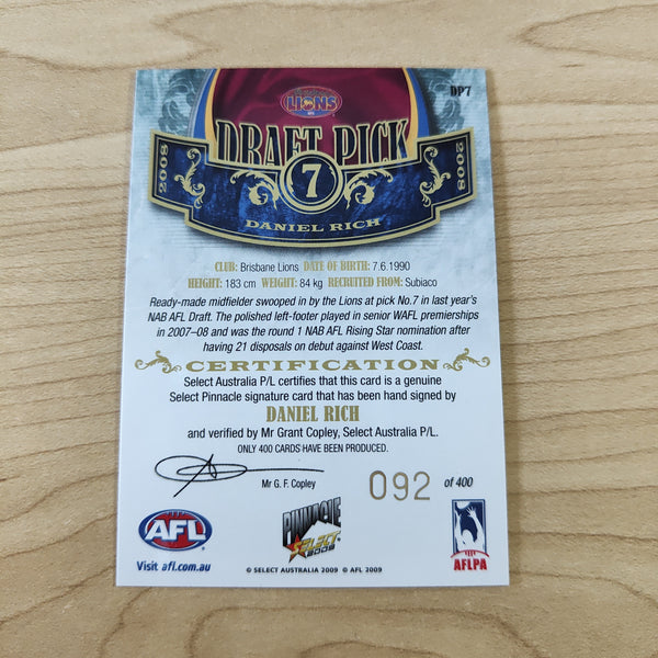 2009 Select Pinnacle Draft Pick Signature Daniel Rich Brisbane No. 092/400