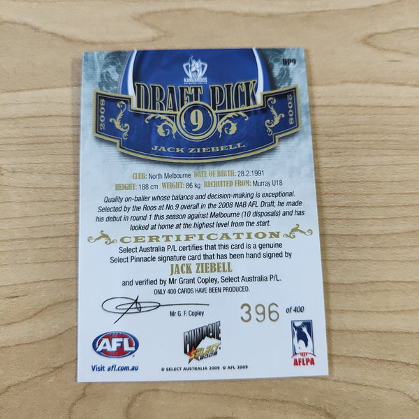 2009 Select Pinnacle Draft Pick Signature Jack Ziebell North Melbourne No. 396/400
