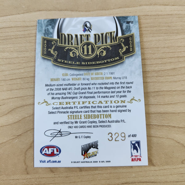 2009 Select Pinnacle Draft Pick Signature Steele Sidebottom Collingwood No. 329/400