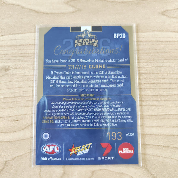 2016 AFL Select Brownlow Predictor Travis Cloke Collingwood No.193/250