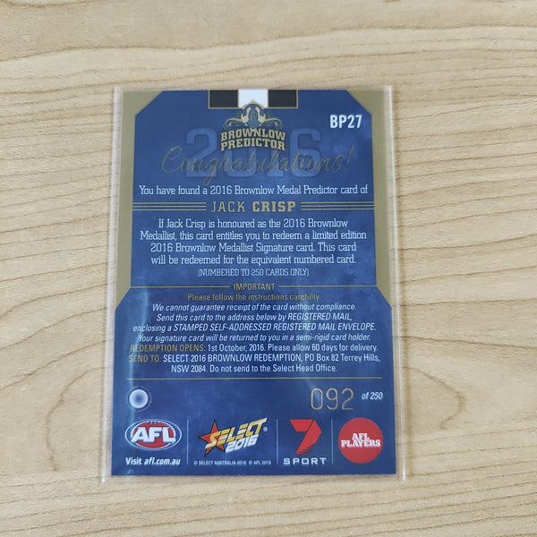 2016 AFL Select Brownlow Predictor Jack Crisp Collingwood No.092/250