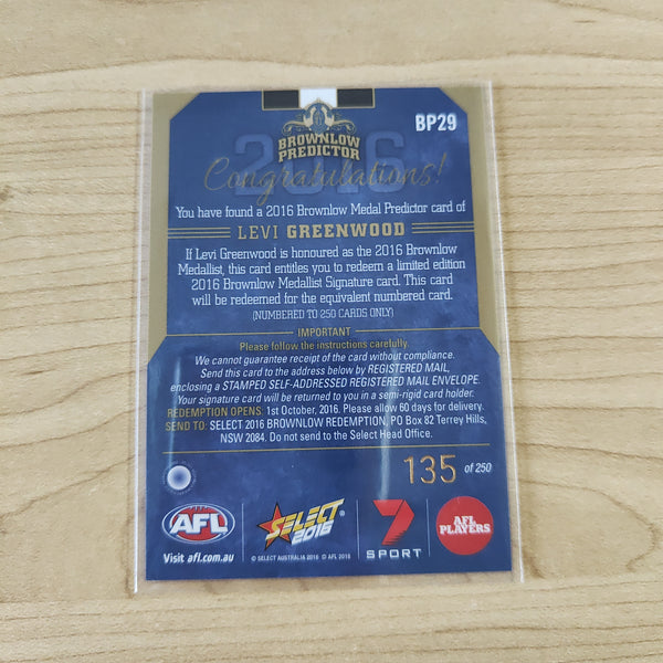 2016 AFL Select Brownlow Predictor Levi Greenwood Collingwood No.135/250