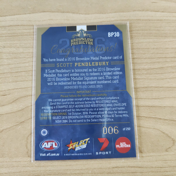 2016 AFL Select Brownlow Predictor Scott Pendlebury Collingwood No.006/250