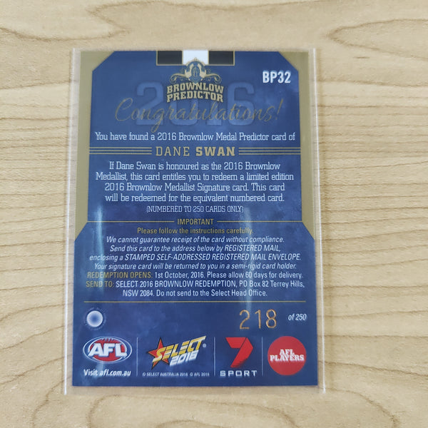 2016 AFL Select Brownlow Predictor Dane Swan Collingwood No.218/250