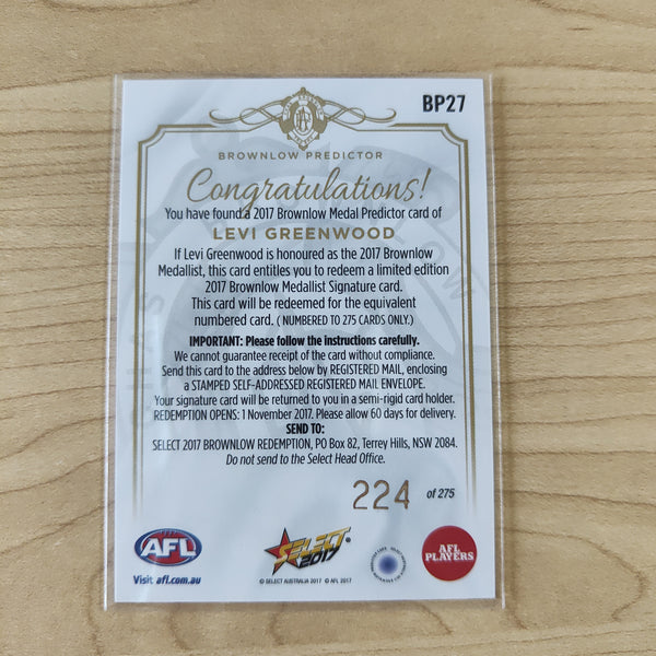 2017 AFL Select Brownlow Predictor Levi Greenwood Collingwood No.224/275