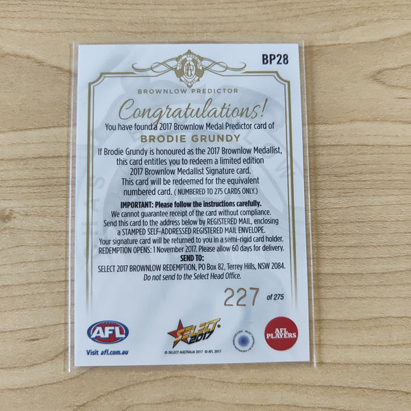 2017 AFL Select Brownlow Predictor Brodie Grundy Collingwood No.227/275