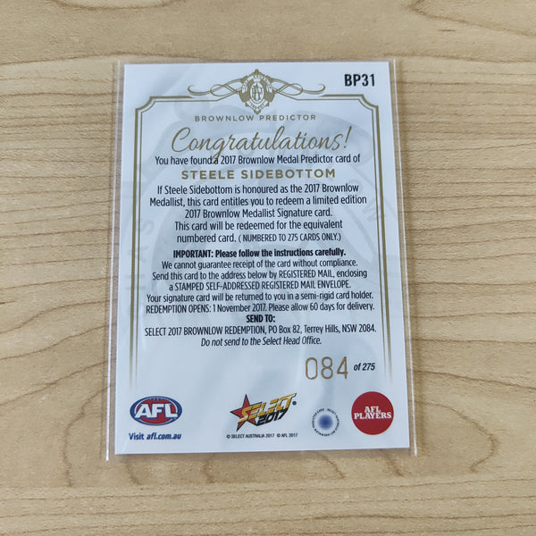 2017 AFL Select Brownlow Predictor Steele Sidebottom Collingwood No.084/275
