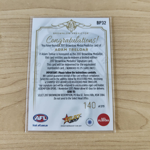2017 AFL Select Brownlow Predictor Adam Treloar Collingwood No.140/275
