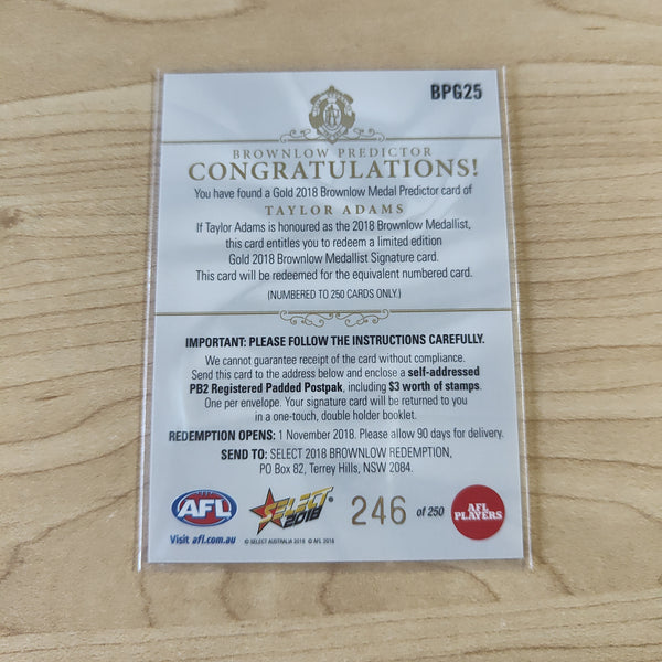 2018 AFL Select Brownlow Predictor Taylor Adams Collingwood No.246/250