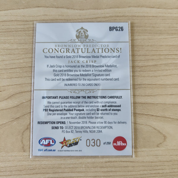 2018 AFL Select Brownlow Predictor Jack Crisp Collingwood No.030/250
