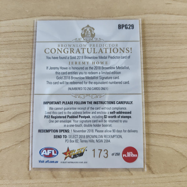 2018 AFL Select Brownlow Predictor Jeremy Howe Collingwood No.173/250