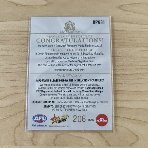 2018 AFL Select Brownlow Predictor Steele Sidebottom Collingwood No.206/250