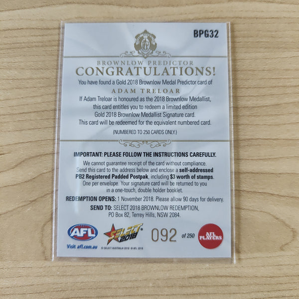 2018 AFL Select Brownlow Predictor Adam Treloar Collingwood No.092/250