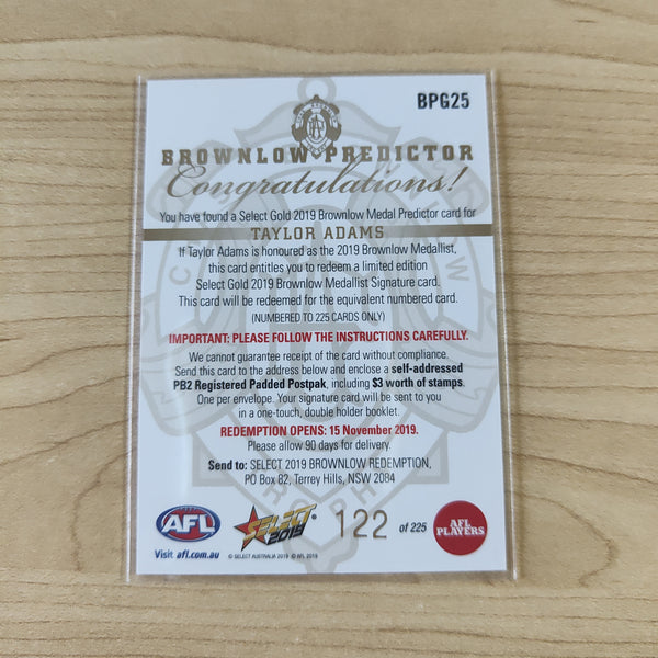 2019 AFL Select Brownlow Predictor Taylor Adams Collingwood No.122/225