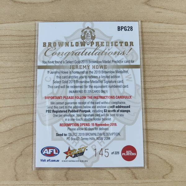 2019 AFL Select Brownlow Predictor Jeremy Howe Collingwood No.145/225
