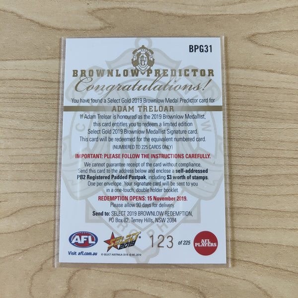 2019 AFL Select Brownlow Predictor Adam Treloar Collingwood No.123/225