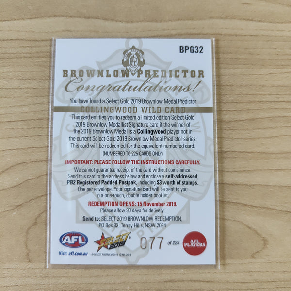 2019 AFL Select Brownlow Predictor Wild Card Collingwood No.077/225