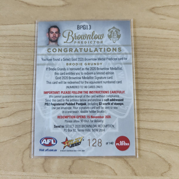 2020 AFL Select Brownlow Predictor Brodie Grundy Collingwood No.128/140