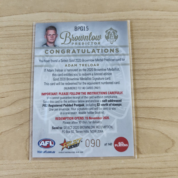 2020 AFL Select Brownlow Predictor Adam Treloar Collingwood No.090/140