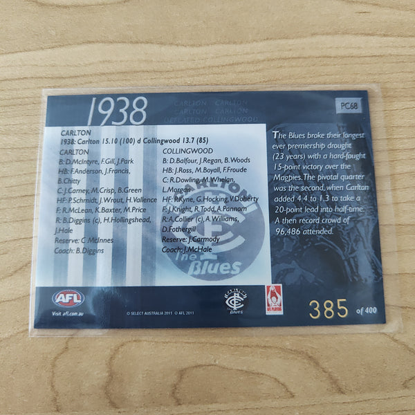 2011 Select Infinity 1938 Premiers Carlton No.385/400
