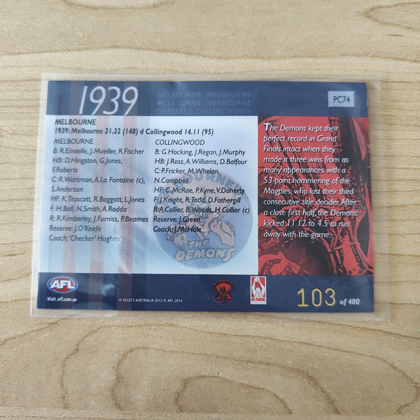 2012 Select Eternity 1939 Premiers Melbourne No.103/400