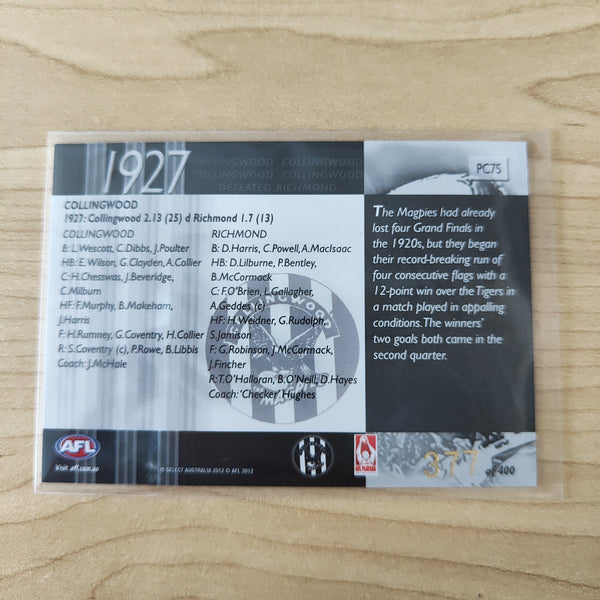 2012 Select Eternity 1927 Premiers Collingwood No.377/400