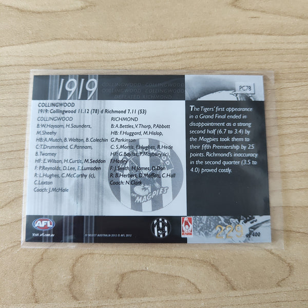 2012 Select Eternity 1919 Premiers Collingwood No.229/400