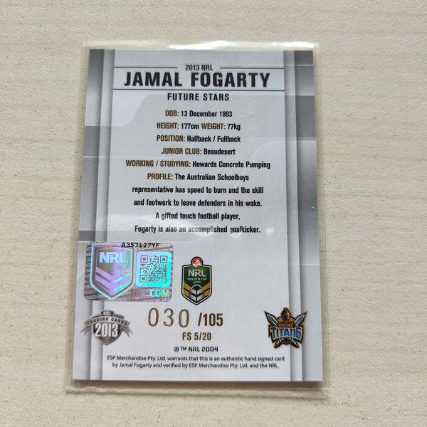 2013 NRL Elite Future Stars Signature Card Jamal Fogarty Titans