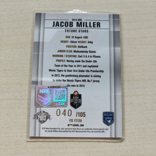 2013 NRL Elite Future Stars Signature Card Jacob Miller U20 Blues
