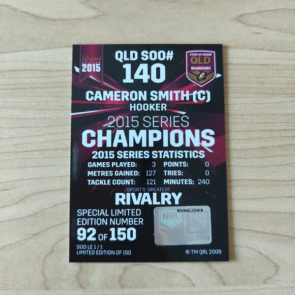 2015 NRL Elite Series Champions Limited Edition Card Cameron Smith Queensland