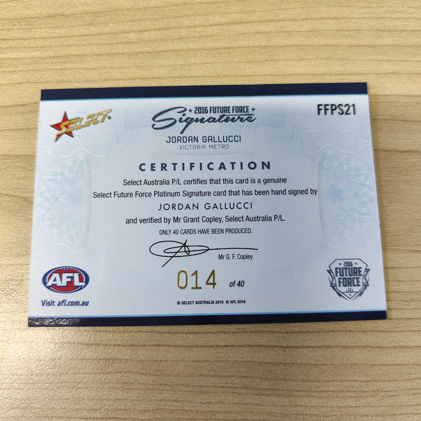 2016 Select Future Force Platinum Signature Jordan Gallucci Adelaide No.014/40