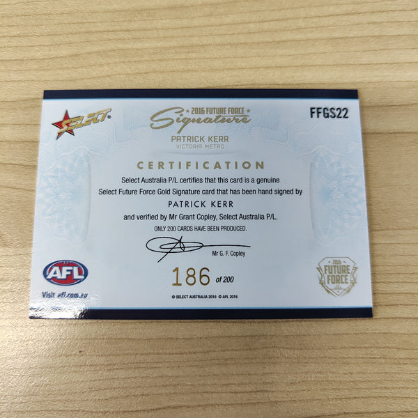 2016 Select Future Force Gold Signature Patrick Kerr Carlton No.186/200