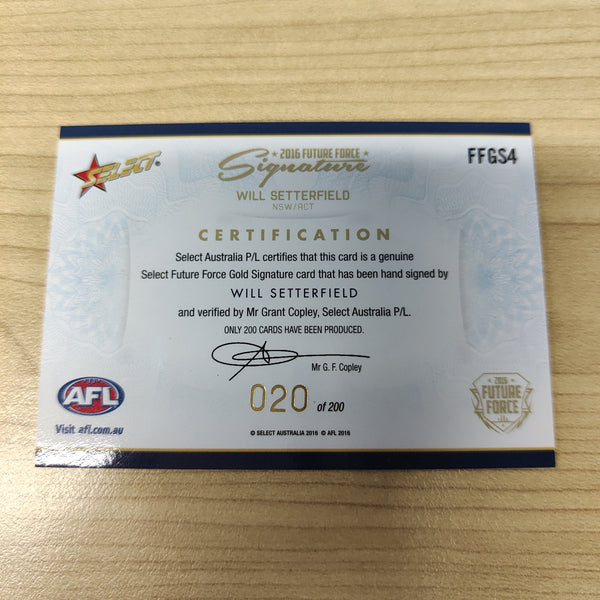 2016 Select Future Force Gold Signature Will Setterfield GWS No.020/200